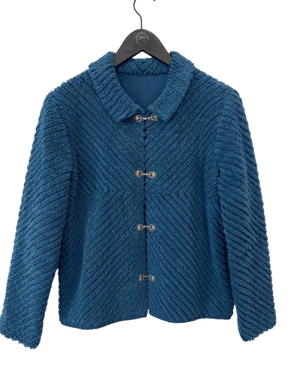 Vintage Jacket Textured Knit Long Sleeve Collared Silver Clasp Teal Cozy Knit